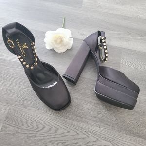 Mary Jane Satin Platform Heels with Rhinestone Ankle Straps